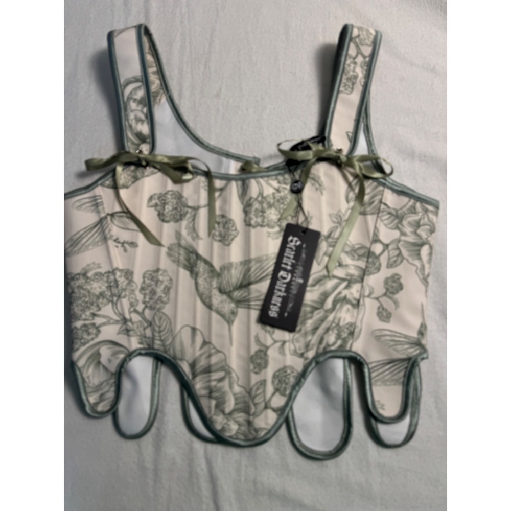 Scarlet Darkness Corset Top Women Size 10 Cream Green Toile Floral Bird Lace Up